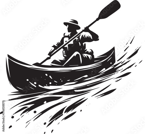 Minimalist Canoeist Sumi-e Icon: Tranquil Water Adventure on a Bright Day