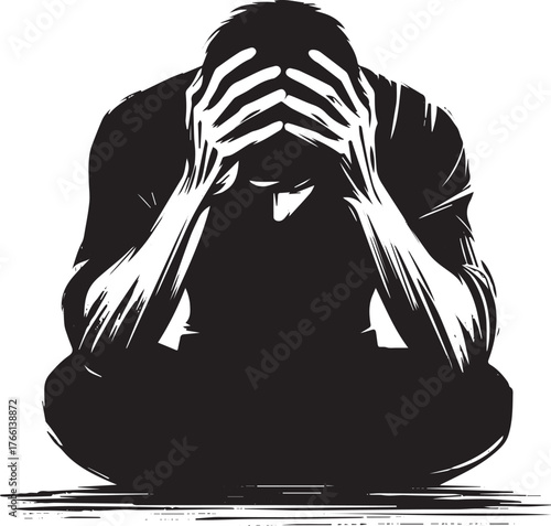 Sumi-e styled artwork portraying a person experiencing deep anguish or despair