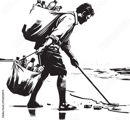 Beach cleanup effort depicted in minimalist sumi-e style illustration