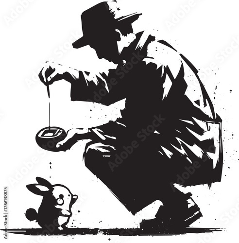 Ink wash painting of a man tending to a digital pet with tenderness
