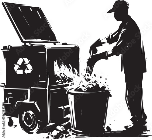 Monochromatic depiction of waste disposal and incineration process artwork