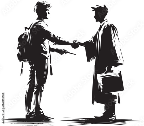 Sumi-e Illustration: A Moment of Acknowledgment Between Mentor and Prot