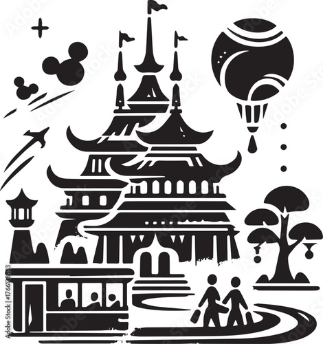 Stylized black and white theme park vista icon in minimalist, sumi-e style design