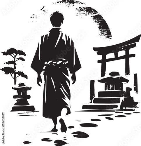 Minimalist sumi-e illustration of a man walking around a traditional Japanese shrine