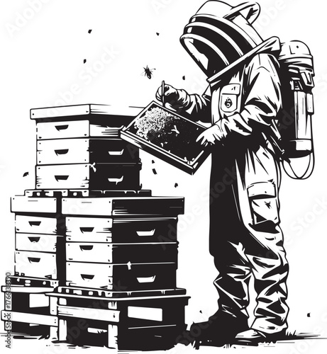 Monochrome beekeeper examines a honeycomb frame next to stacked beehives