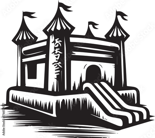 Monochrome bouncy castle with whimsical details and hand-drawn qualities