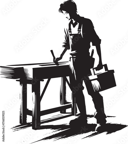 Focused craftsman using hammer in a woodshop in minimalist monochrome art
