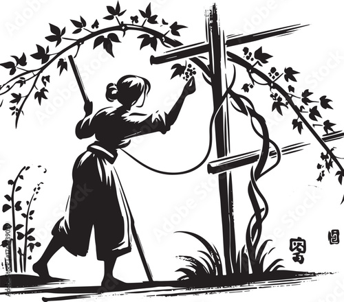 Elegant Sumi-e Depiction of Woman Guiding a Vine on a Trellis in Serenity