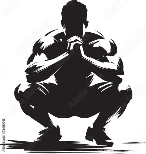 Silhouette depiction of a muscular man squatting with hands clasped together
