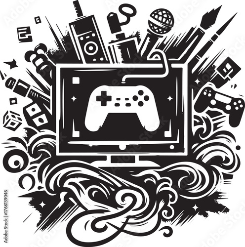 Dynamic digital entertainment medley, gaming and technology in monochrome vector design