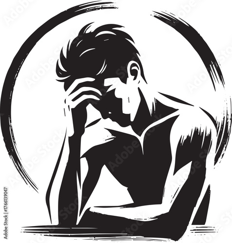 Monochrome Depiction of Man in Deep Contemplation with Artistic Brushstrokes