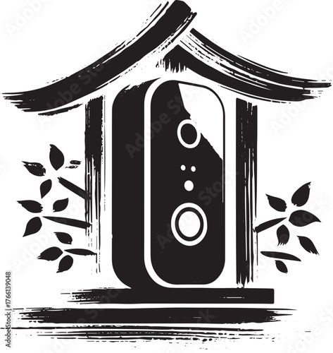 Smart Doorbell in Sumi-e Style with Floral Accents, Minimalist Logo Design