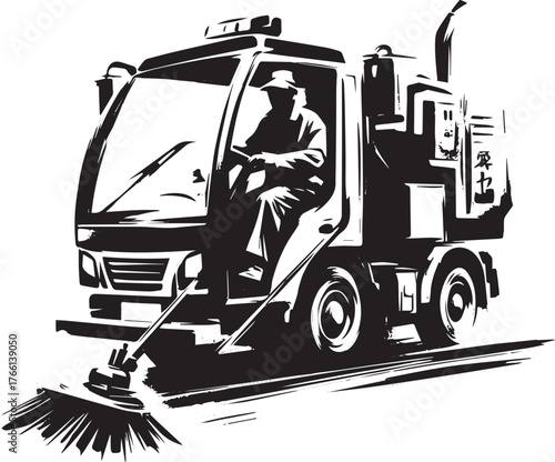 Sumi-e illustration of a man operating a street-sweeping vehicle in Japan