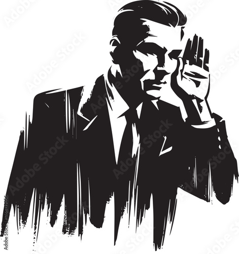 Monochromatic minimalist illustration of a man listening attentively or eavesdropping