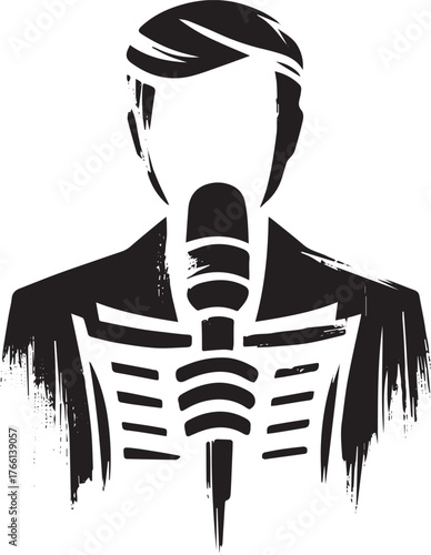 Minimalist illustration of a journalist speaking into a microphone icon