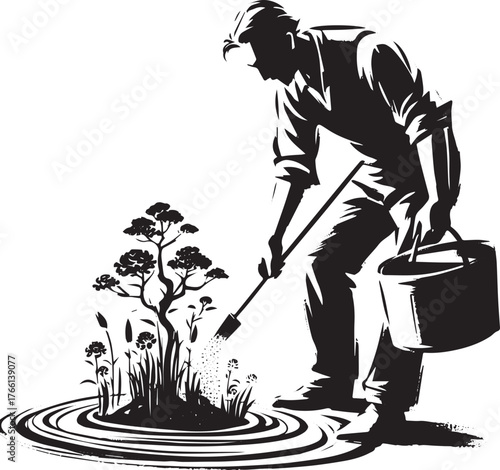 Sumi-e style illustration of a man fertilizing flowering plants in Japan