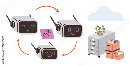Robots exchanging information and processing documents, linked to file storage and cloud. Ideal for automation, machine learning, cloud computing, teamwork, innovation, data management, simple flat