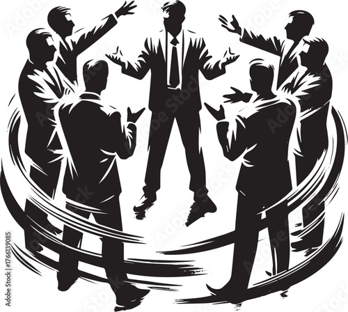 Black and White Illustration Depicting a Business Conflict with Mediator