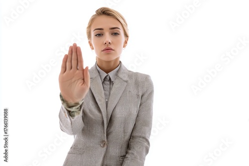 Businesswoman in grey suit showing stop gesture with dollar bills in sleeve, isolated on white background
