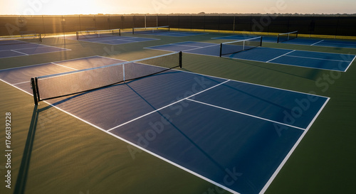 Empty pickleball courts at a park during sunrise