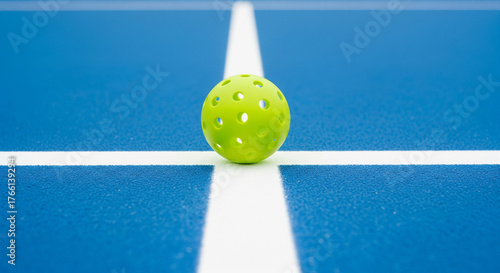 Pickleball resting on the white line of a blue court