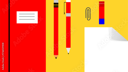 Flat lay of red stationery items including a notebook, pens, eraser, and paperclip on a bright yellow background.