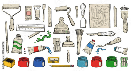 art supplies drawing artists essential tools illustration for creative projects linocut printing painting and graphic design promoting fine arts.