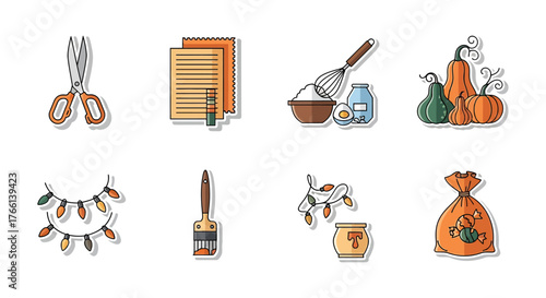 Autumn crafting supplies for seasonal projects including pumpkins paint and string lights for halloween decorations and diy craft designs.