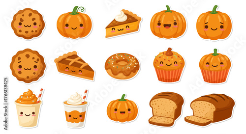 autumn dessert stickers cute pumpkin pie donuts and bread with cheerful smiles showcasing fall baking season for seasonal promotions marketing