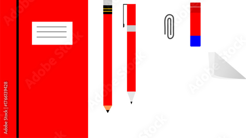 An illustrated set of red office and school supplies including a notebook, pen, pencil, and paperclip on a white background.