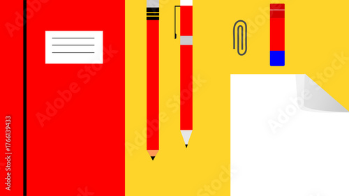 Illustration of school supplies on a yellow background.