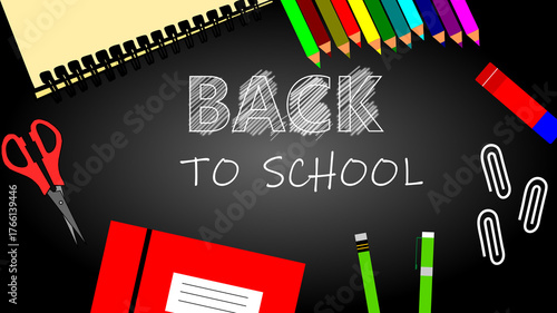 A colorful illustration featuring school supplies arranged on a dark background with text.