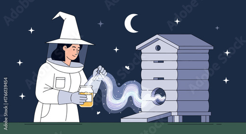 Beekeeper extracting honey from a beehive at night illustrating sustainable beekeeping practices for honey production and environmental conservation.