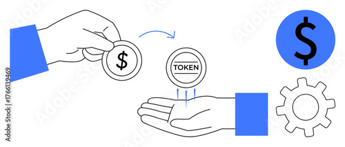 Hand transferring dollar coin to receive token in return. Gear and dollar graphic emphasize trade, exchange, finance, digital currency, economic transaction, tokenization. Ideal for economy