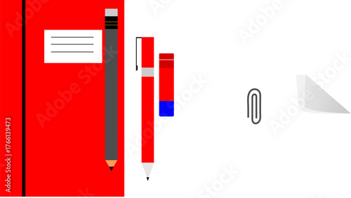 Back to school concept with various stationery items like colored pencils, scissors, and notebooks on a chalkboard background.