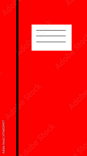 A vibrant red notebook with a white label and horizontal lines on the cover, featuring a black spine on the left side.