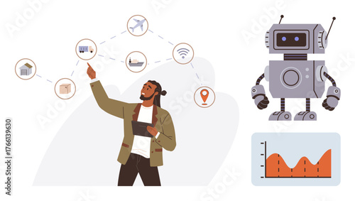 Man explaining AI integration in shipping, logistics, and technology. Robot, connected logistics icons, and a data graph. Ideal for innovation, technology, business supply chain automation