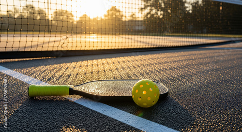 Pickleball paddle and ball on a dewy court at sunrise