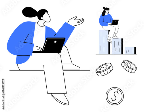 Two individuals work on laptops, one seated near a bar chart, coins scattered below. Ideal for finance, business, productivity, technology, investment teamwork economic growth. Simple flat metaphor