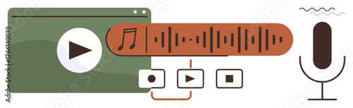 Playback screen, soundwave bar, music note, buttons, and microphone representing media tools. Ideal for content creation, recording, podcasting, streaming music editing digital media and modern
