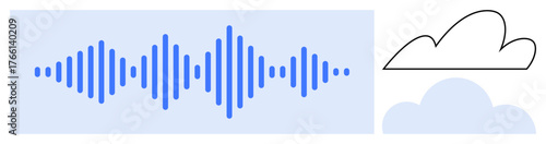 Blue audio waveform alongside outlined and filled cloud graphics. Ideal for sound storage, streaming, technology, data, innovation, cloud computing, analytics. Simple flat metaphor