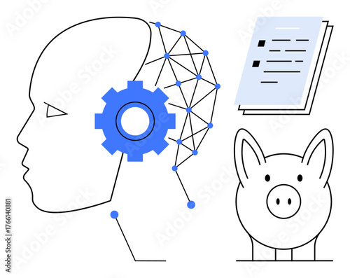 Human head with neural network and gear, piggy bank, and checklist illustrating AI, automation, financial planning, and data processing. Ideal for technology, innovation, saving finance education