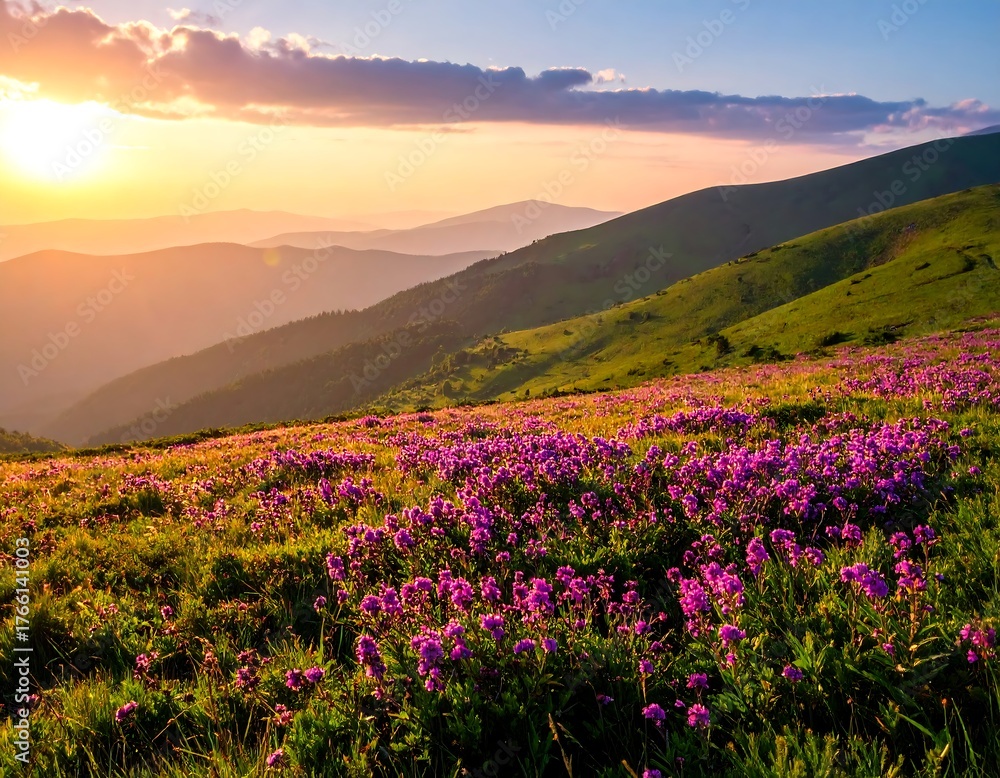 Fototapeta premium Blooming meadow with pink flowers at sunset, green hills, and hazy mountains