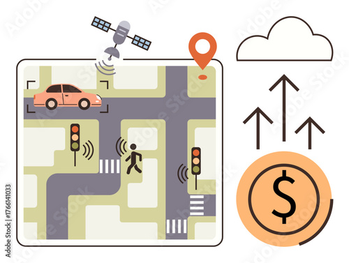 GPS-guided car, pedestrian sensor, traffic lights on a city map, satellite, location pin, cloud, financial growth icon. Ideal for urban planning, transportation IoT sustainability navigation