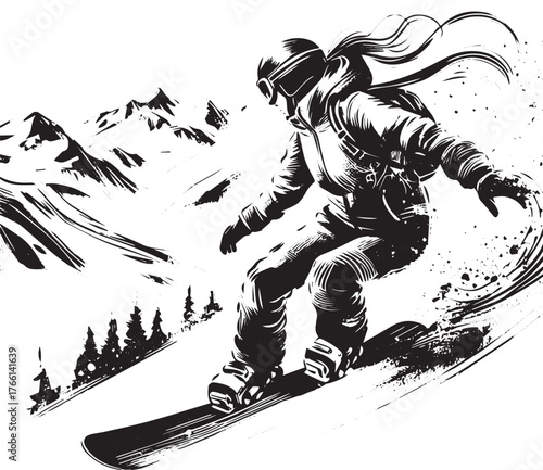 Dynamic snowboarding adventure: A minimalist black and white illustration on slopes