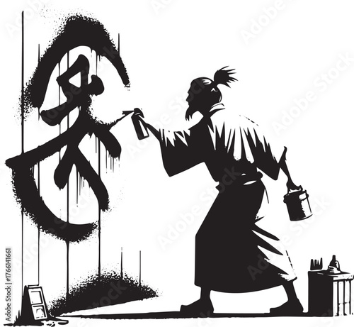 Zen graffiti artist in sumi-e style, creating bold strokes on the wall