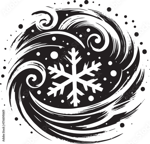 Monochrome vortex snowflake icon, dynamic winter themed illustration, simple style