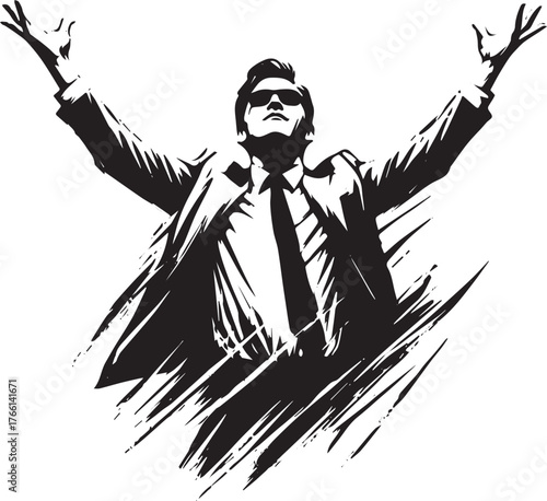 Monochrome illustration of businessman in victorious pose with arms raised