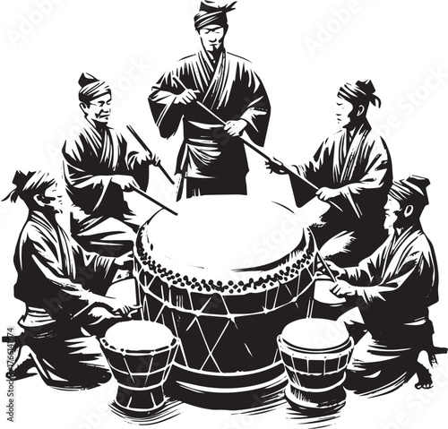 Black and white sumi-e illustration of traditional japanese drum performance