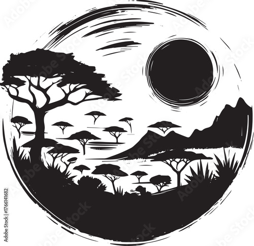 Monochrome African savanna landscape illustration in a circular brushstroke style